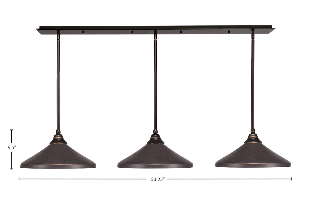 Stem Three Light Linear Pendalier in Dark Granite with Dark Granite Cone Metal Shades Shade