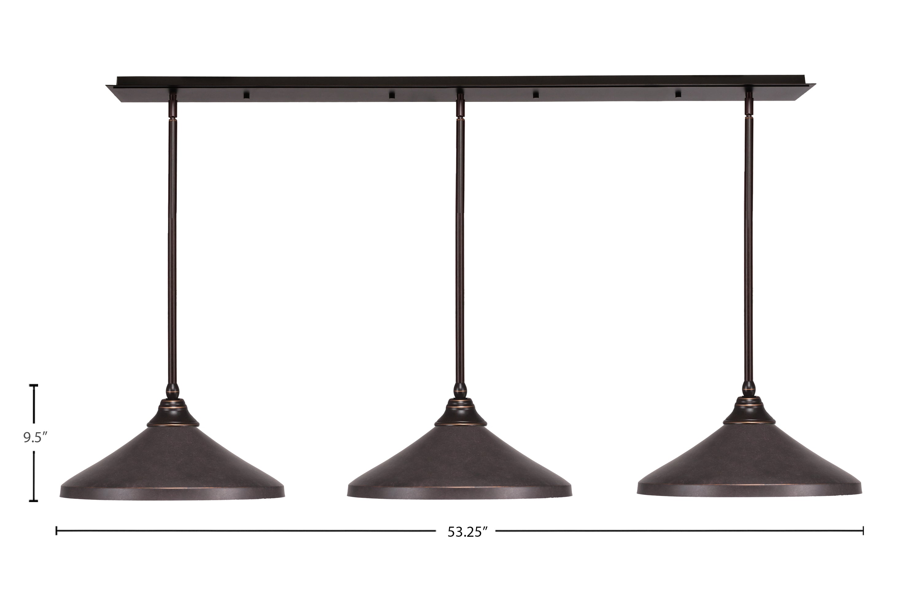 Stem Three Light Linear Pendalier in Dark Granite with Dark Granite Cone Metal Shades Shade