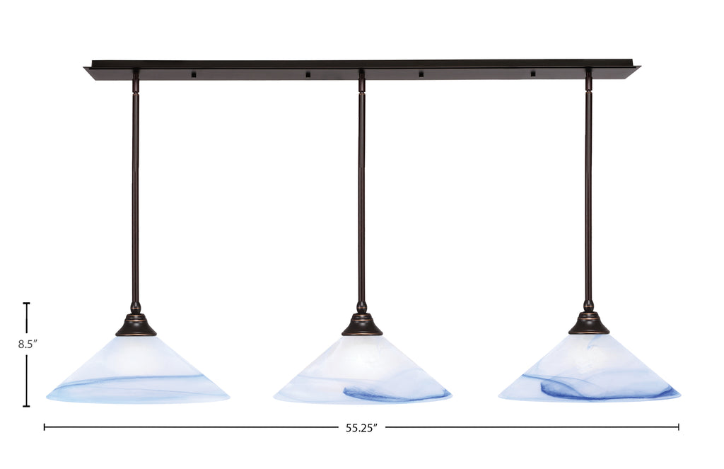 Stem Three Light Linear Pendalier in Dark Granite with Blue Swirl Shade