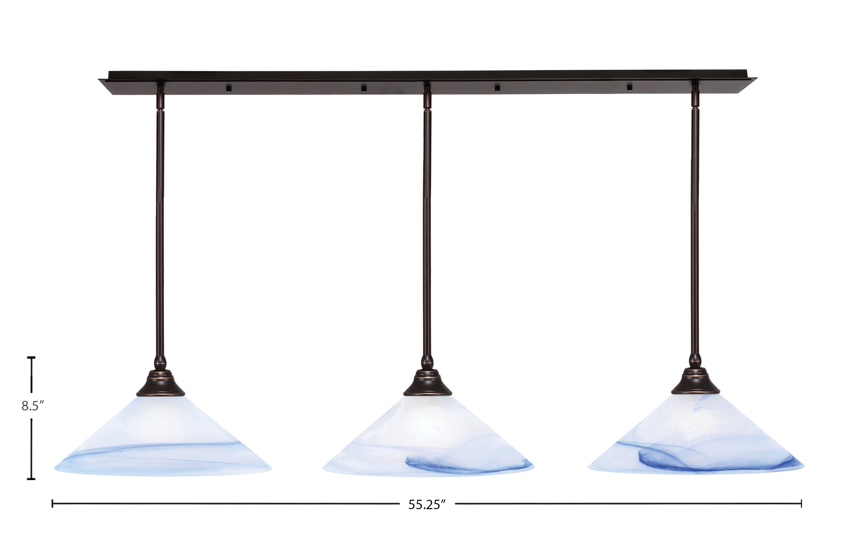 Stem Three Light Linear Pendalier in Dark Granite with Blue Swirl Shade