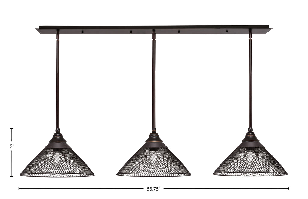 Stem Three Light Linear Pendalier in Dark Granite with Dark Granite Cone Mesh Metal Shades Shade