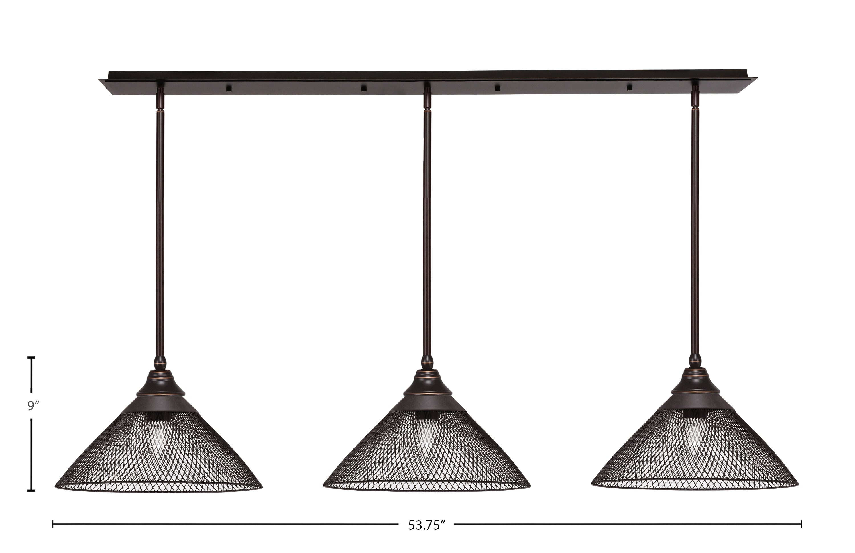 Stem Three Light Linear Pendalier in Dark Granite with Dark Granite Cone Mesh Metal Shades Shade