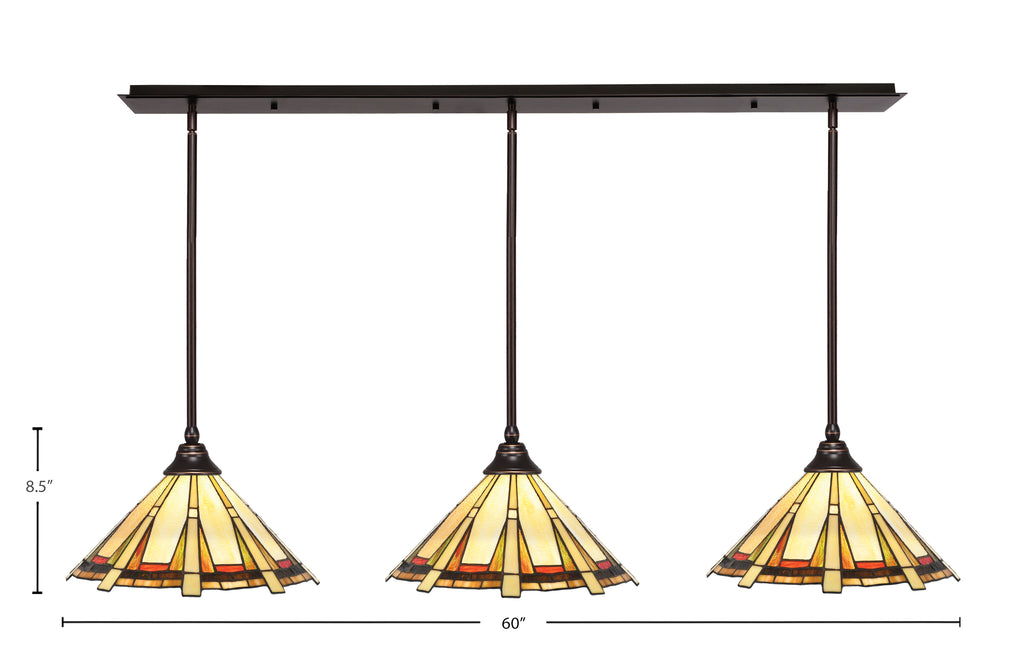 Any Three Light Linear Pendalier in Dark Granite with 16" Zion Art Glass Shade