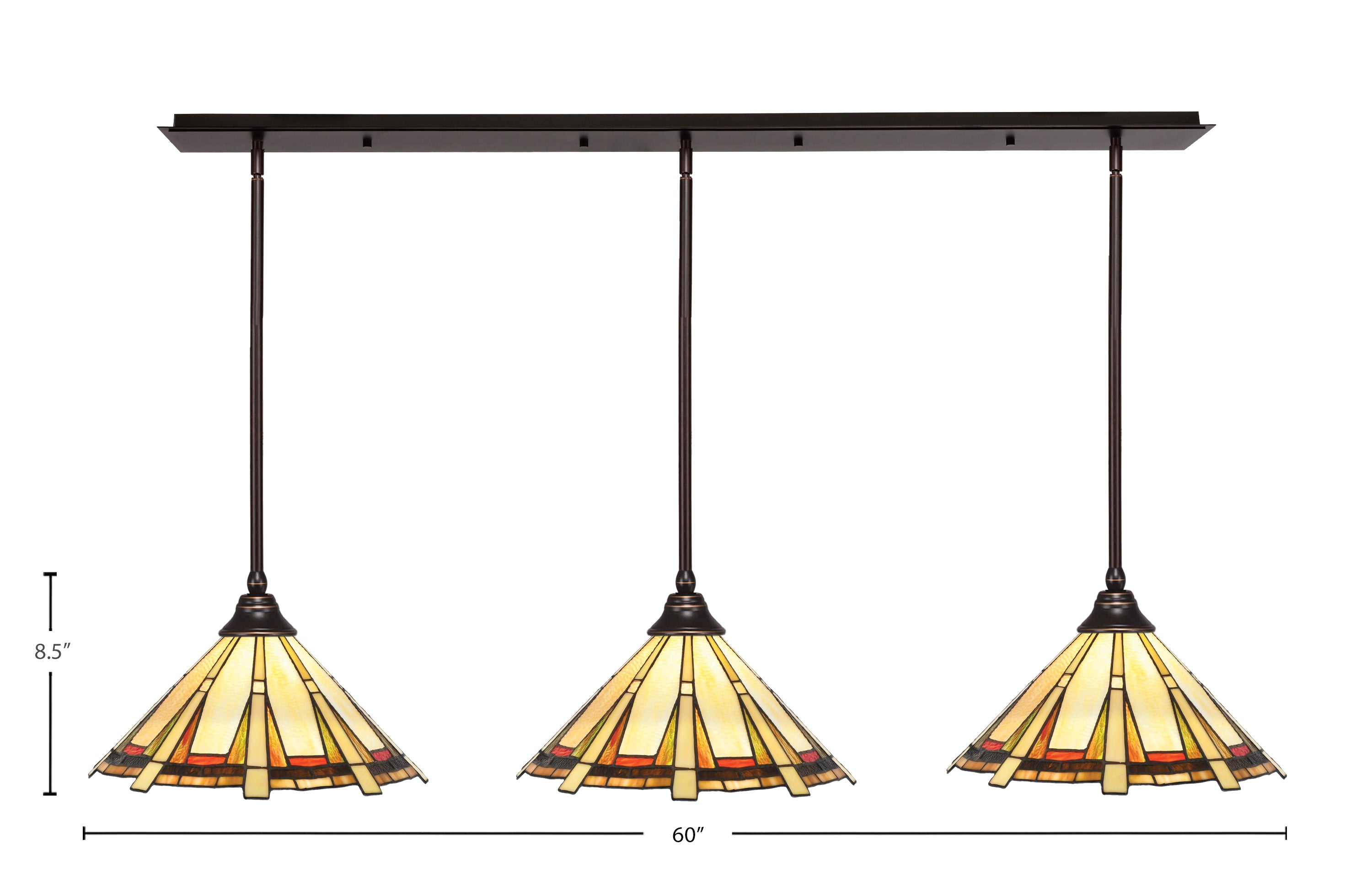 Any Three Light Linear Pendalier in Dark Granite with 16" Zion Art Glass Shade