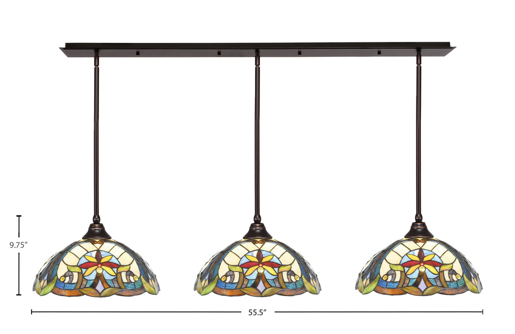 Stem Three Light Linear Pendalier in Dark Granite with Earth Star Art Glass Shade