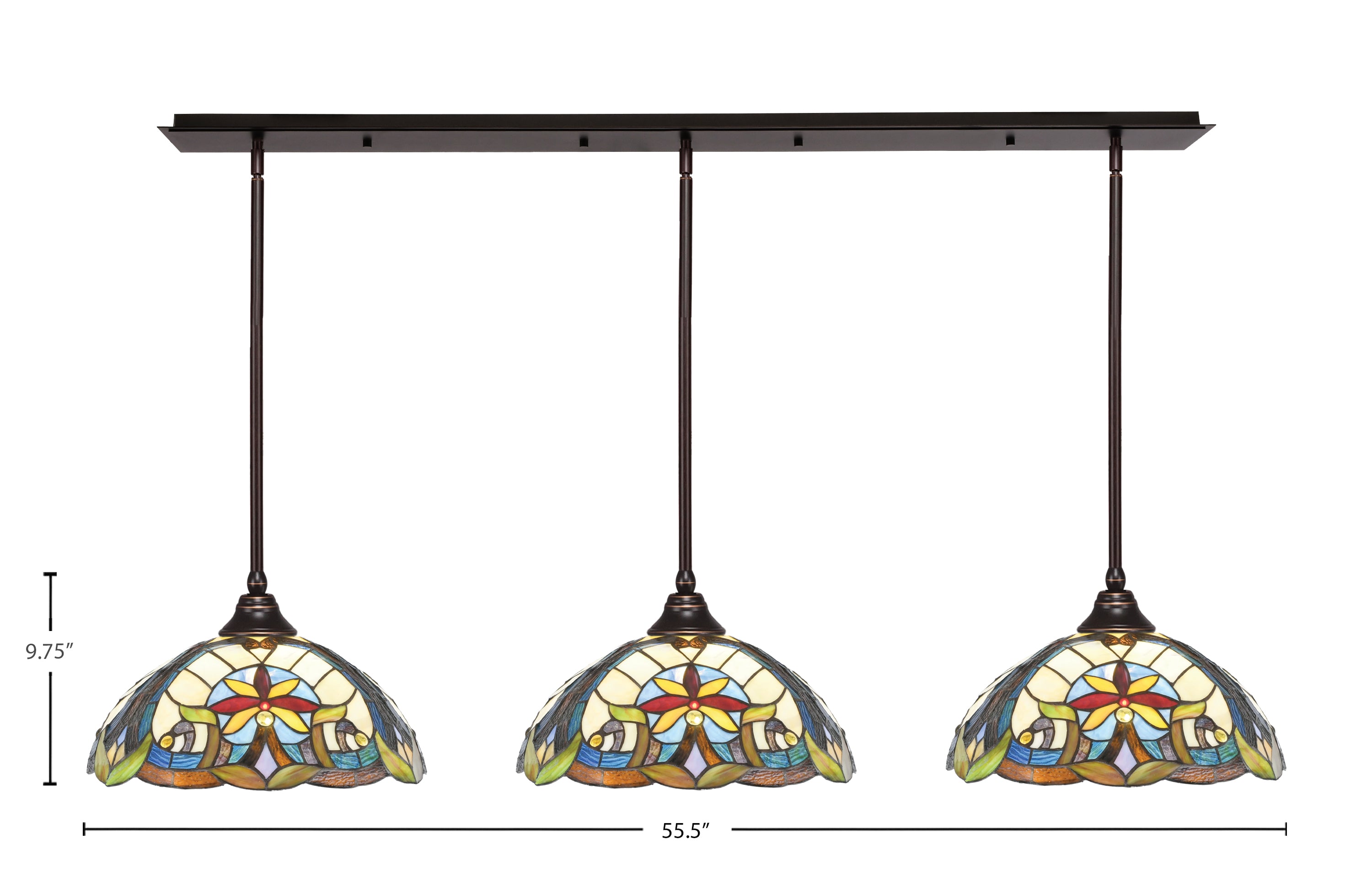 Stem Three Light Linear Pendalier in Dark Granite with Earth Star Art Glass Shade