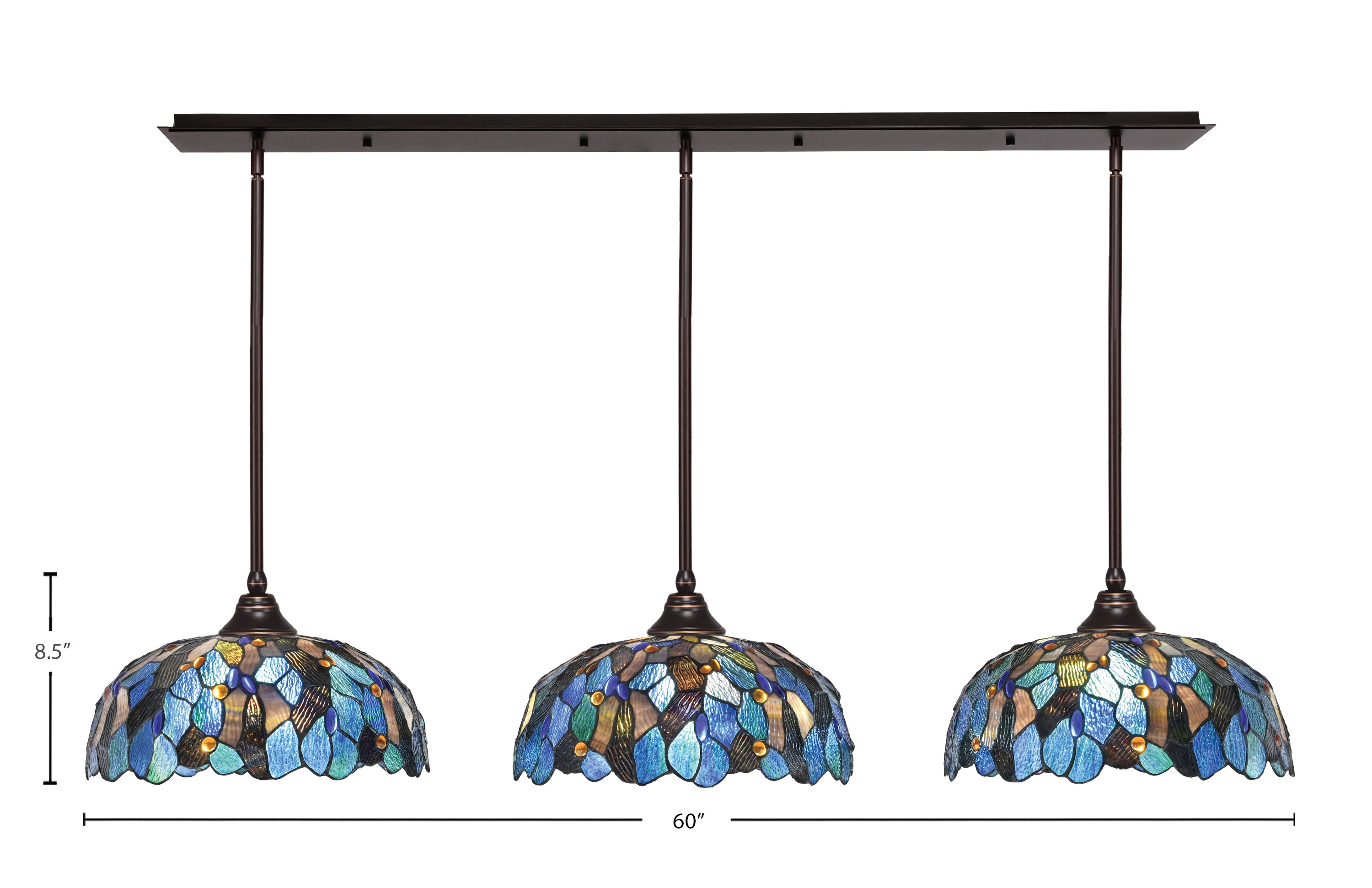 Any Three Light Multi Light Pendant in Dark Granite with 16" Blue Mosaic Art Glass Shade