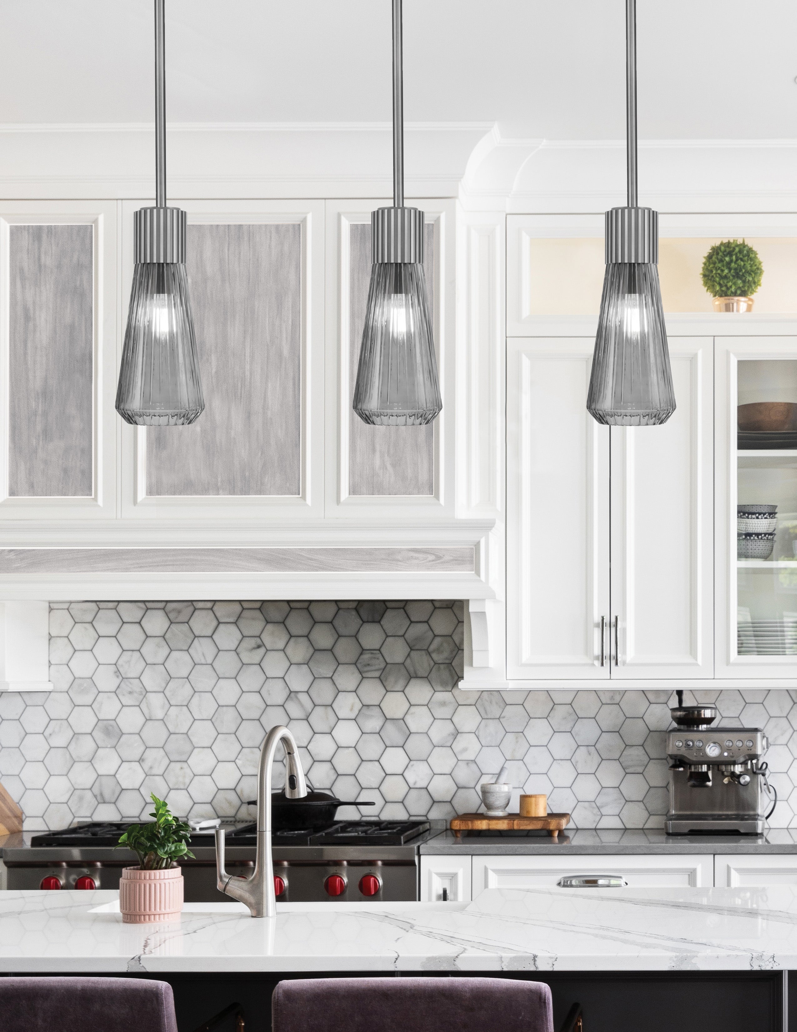 Everleigh One Light Mini Pendant in Graphite with Smoke Ribbed Shade