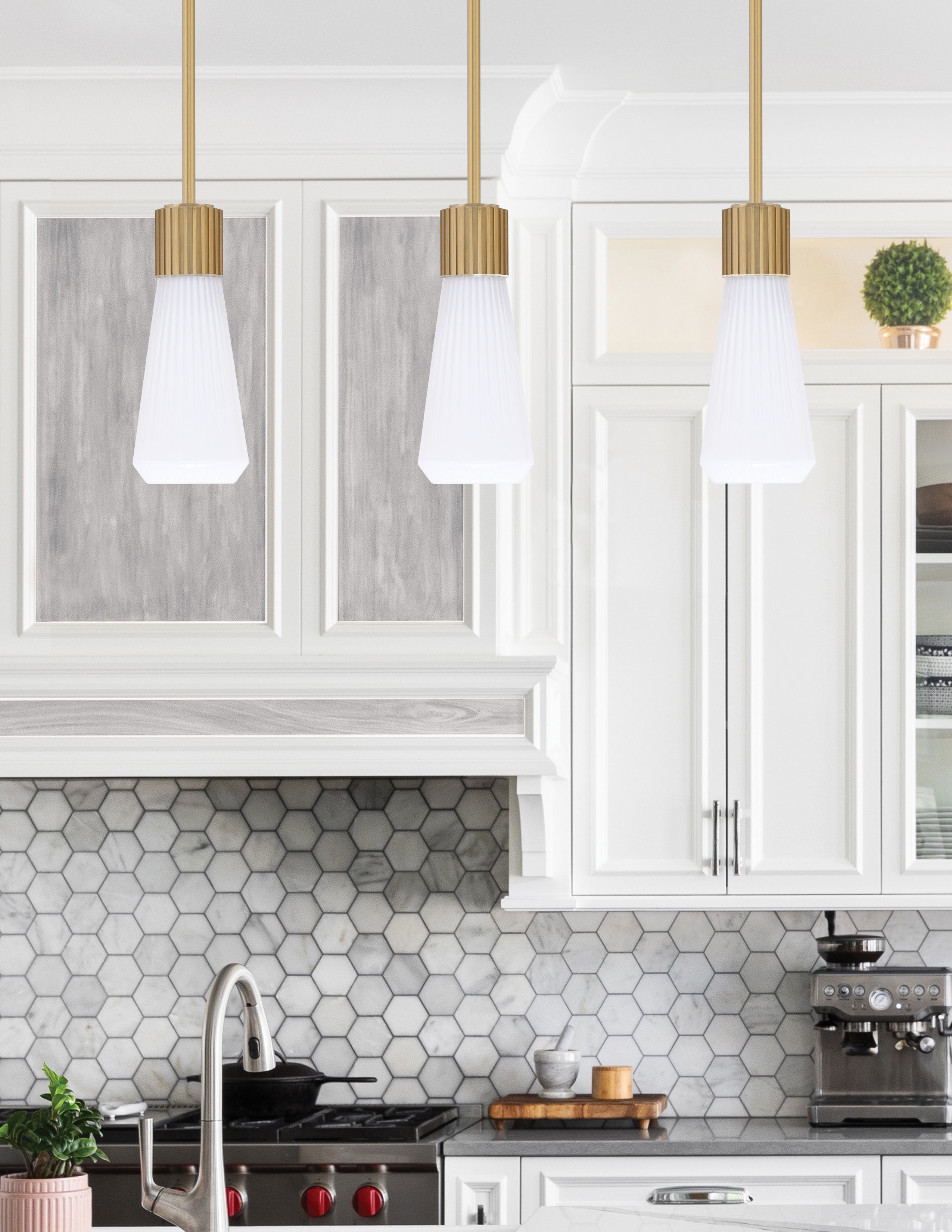 Everleigh One Light Mini Pendant in New Age Brass with White Opal Shade