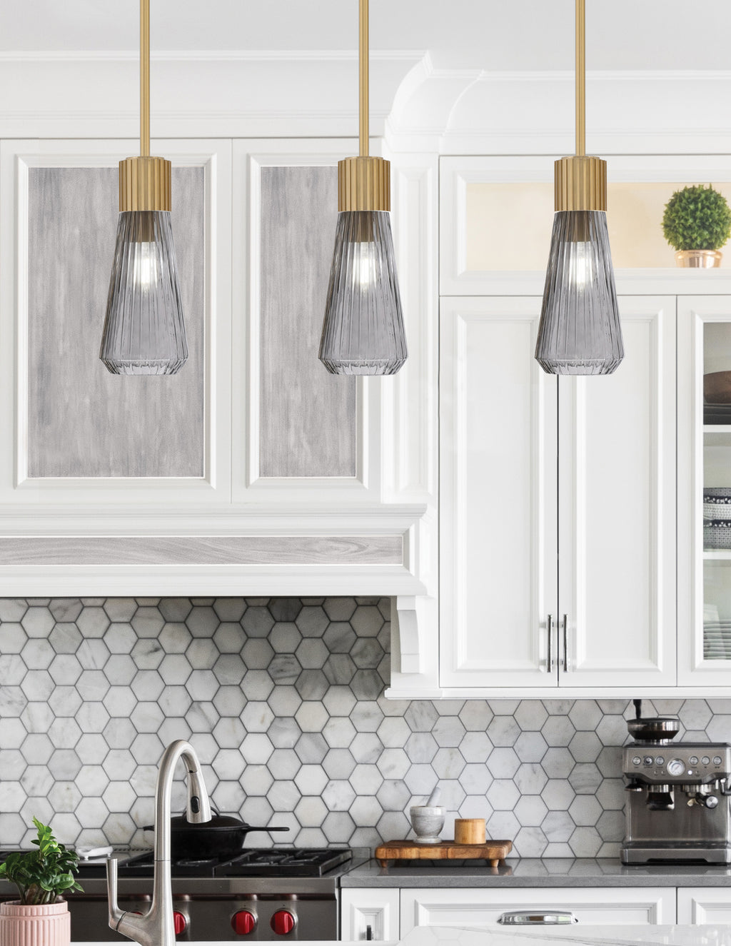 Everleigh One Light Mini Pendant in New Age Brass with Smoke Ribbed Shade