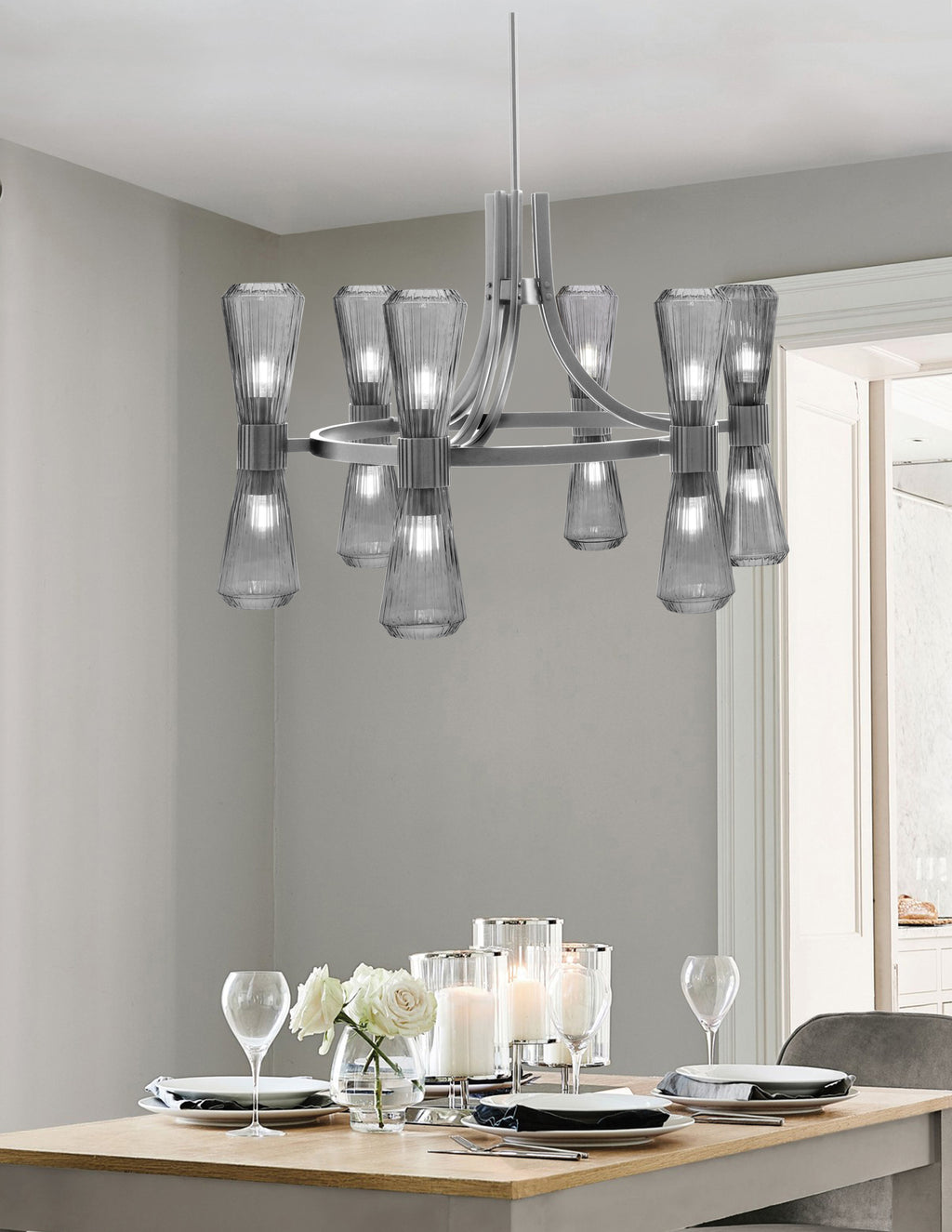 Everleigh 12 Light Chandelier in Graphite with Smoke Ribbed Shade