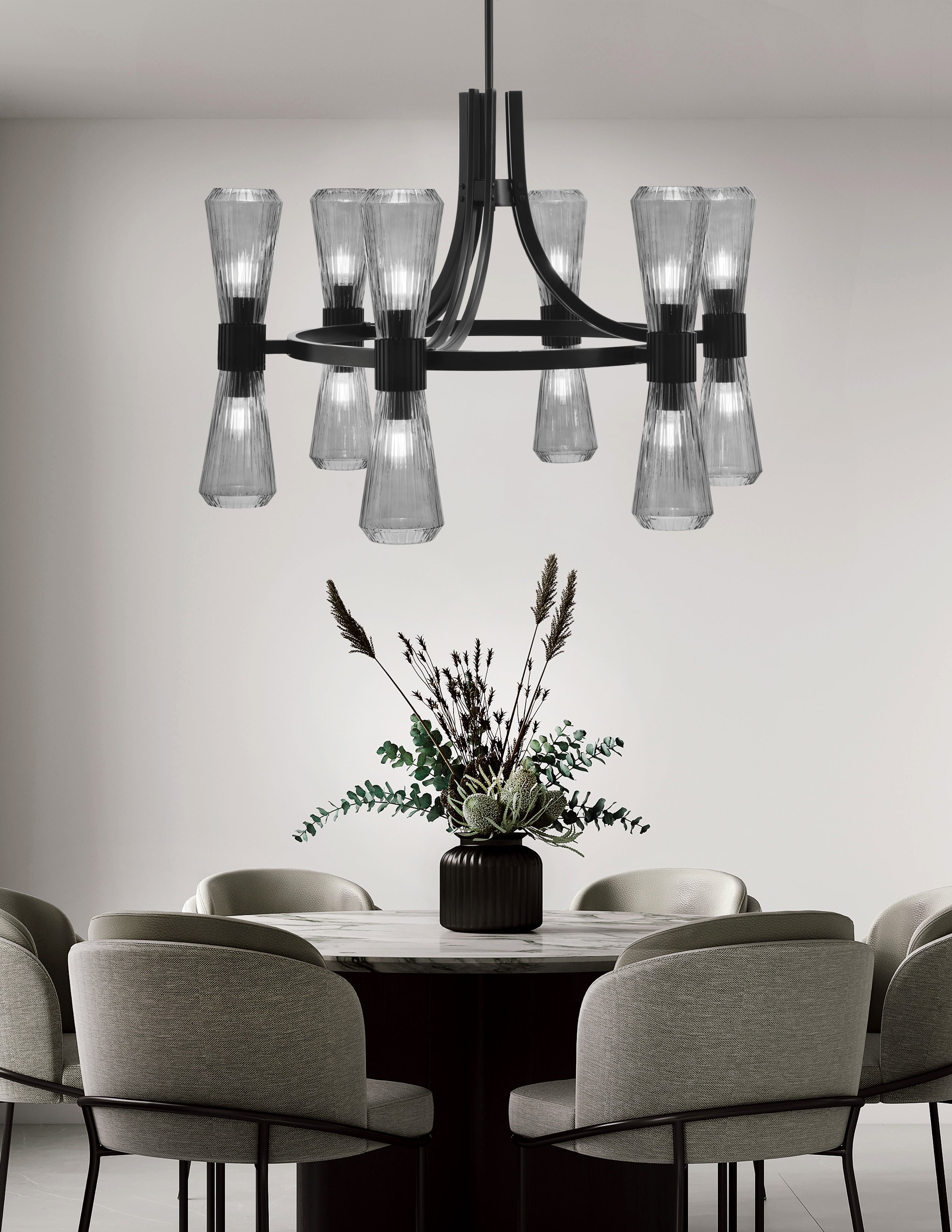 Everleigh 12 Light Chandelier in Matte Black with Smoke Ribbed Shade