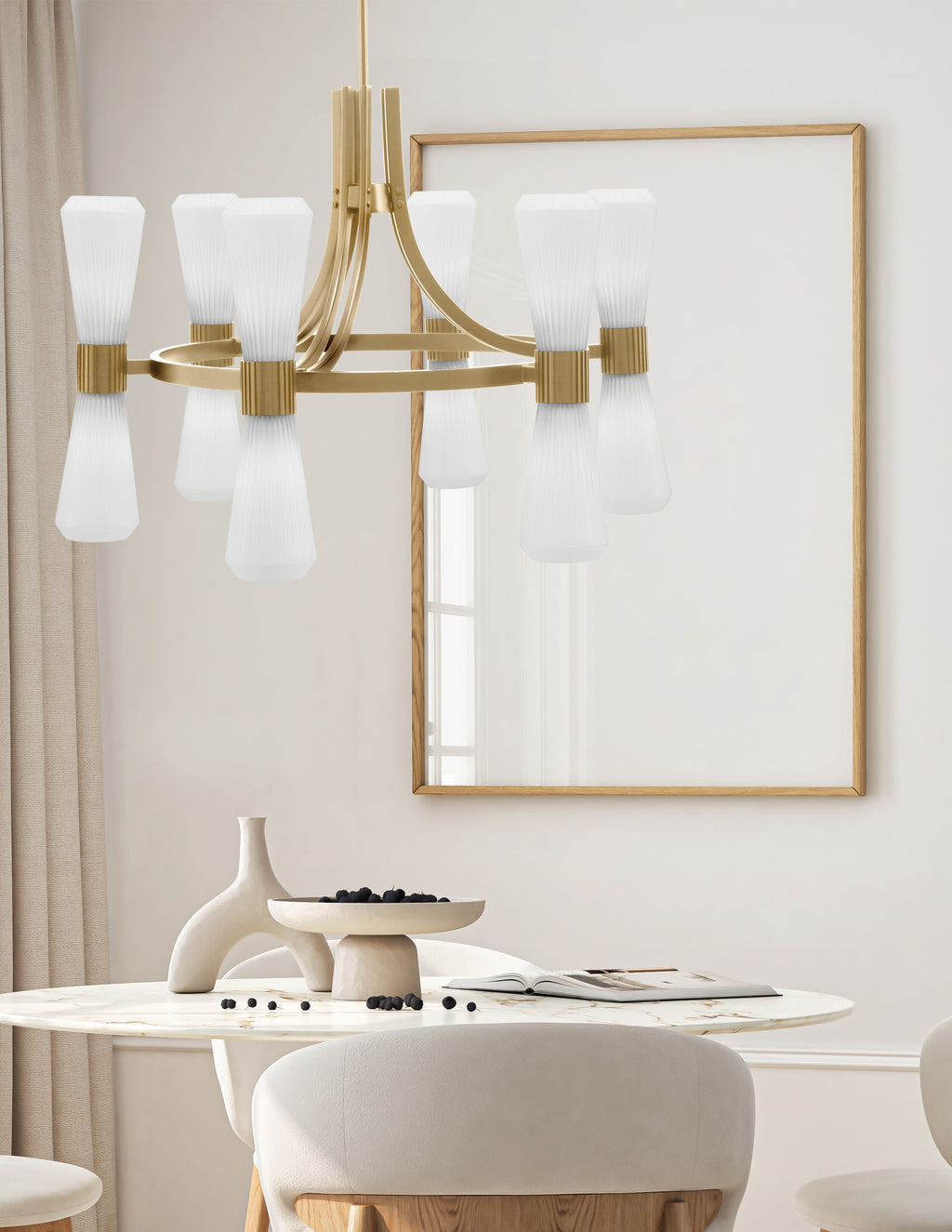 Everleigh 12 Light Chandelier in New Age Brass with White Opal Shade
