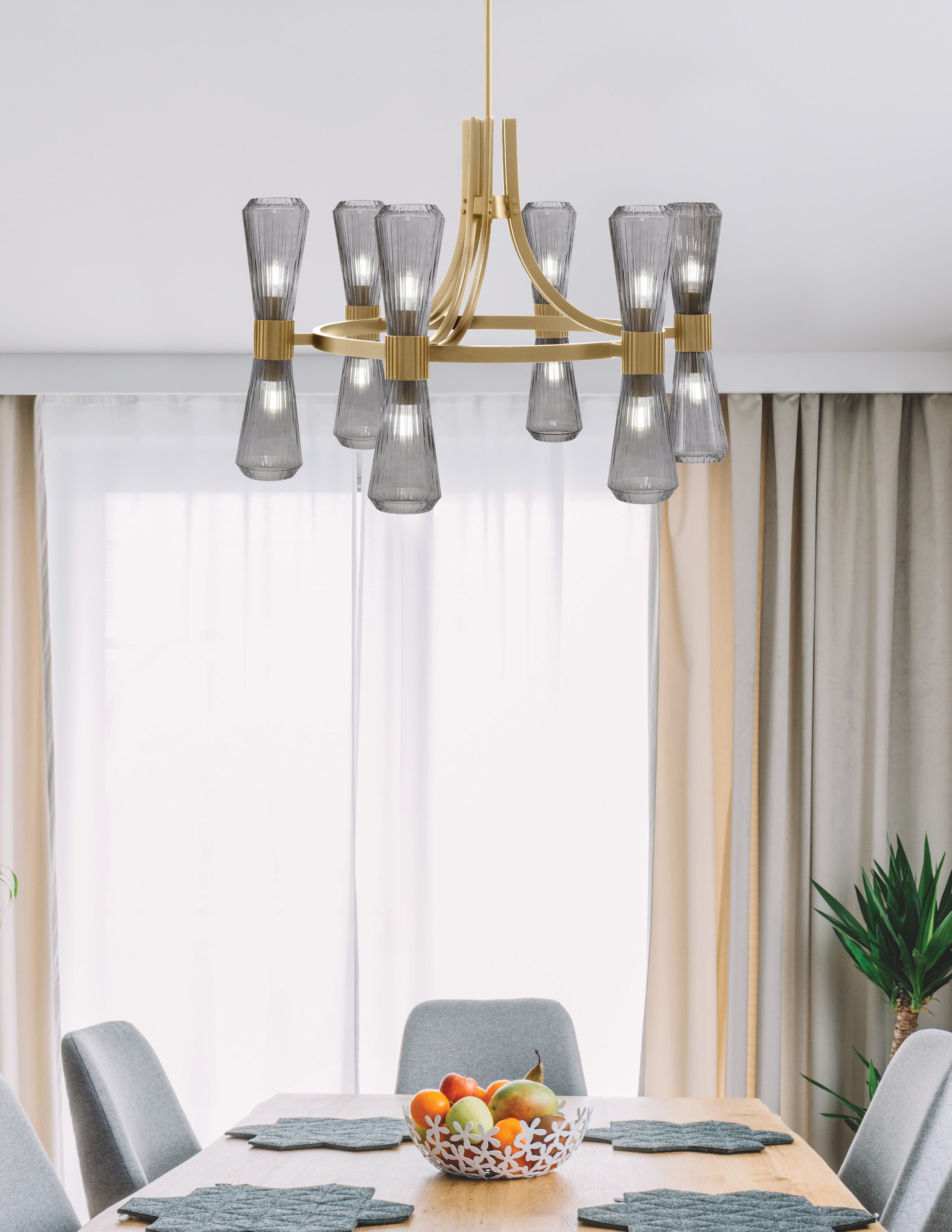 Everleigh 12 Light Chandelier in New Age Brass with Smoke Ribbed Shade