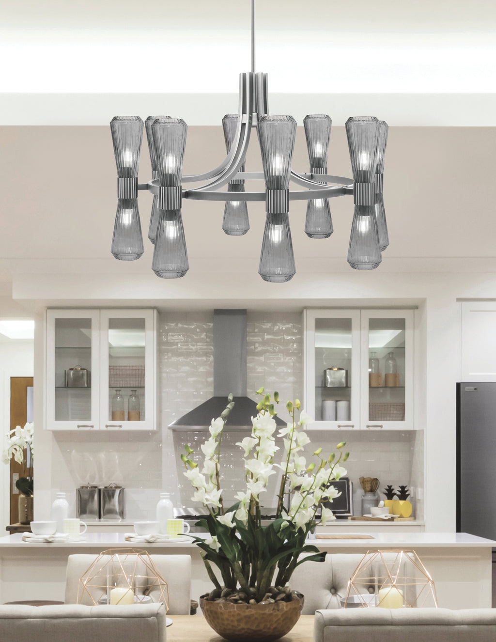 Everleigh 16 Light Chandelier in Graphite with Smoke Ribbed Shade