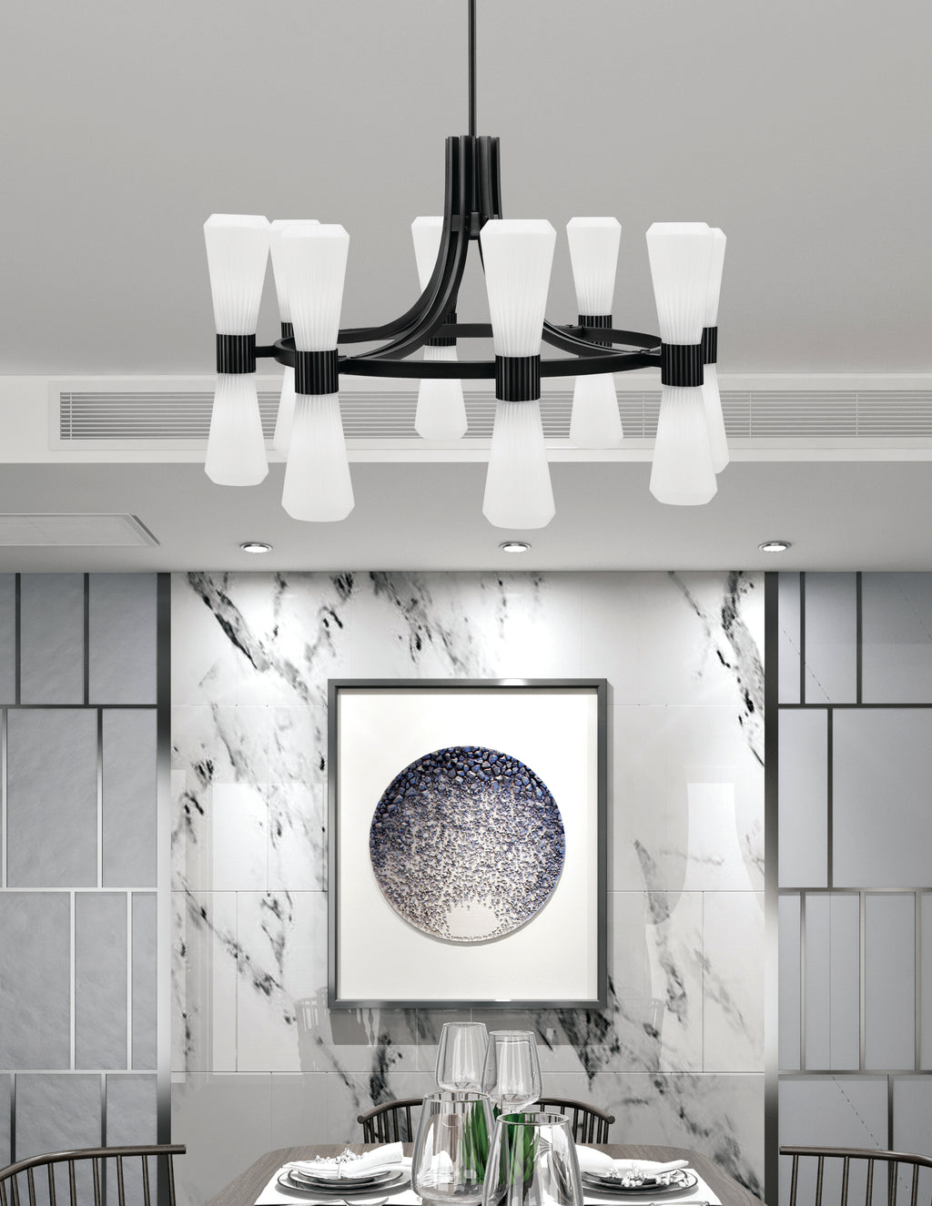 Everleigh 16 Light Chandelier in Matte Black with White Opal Shade