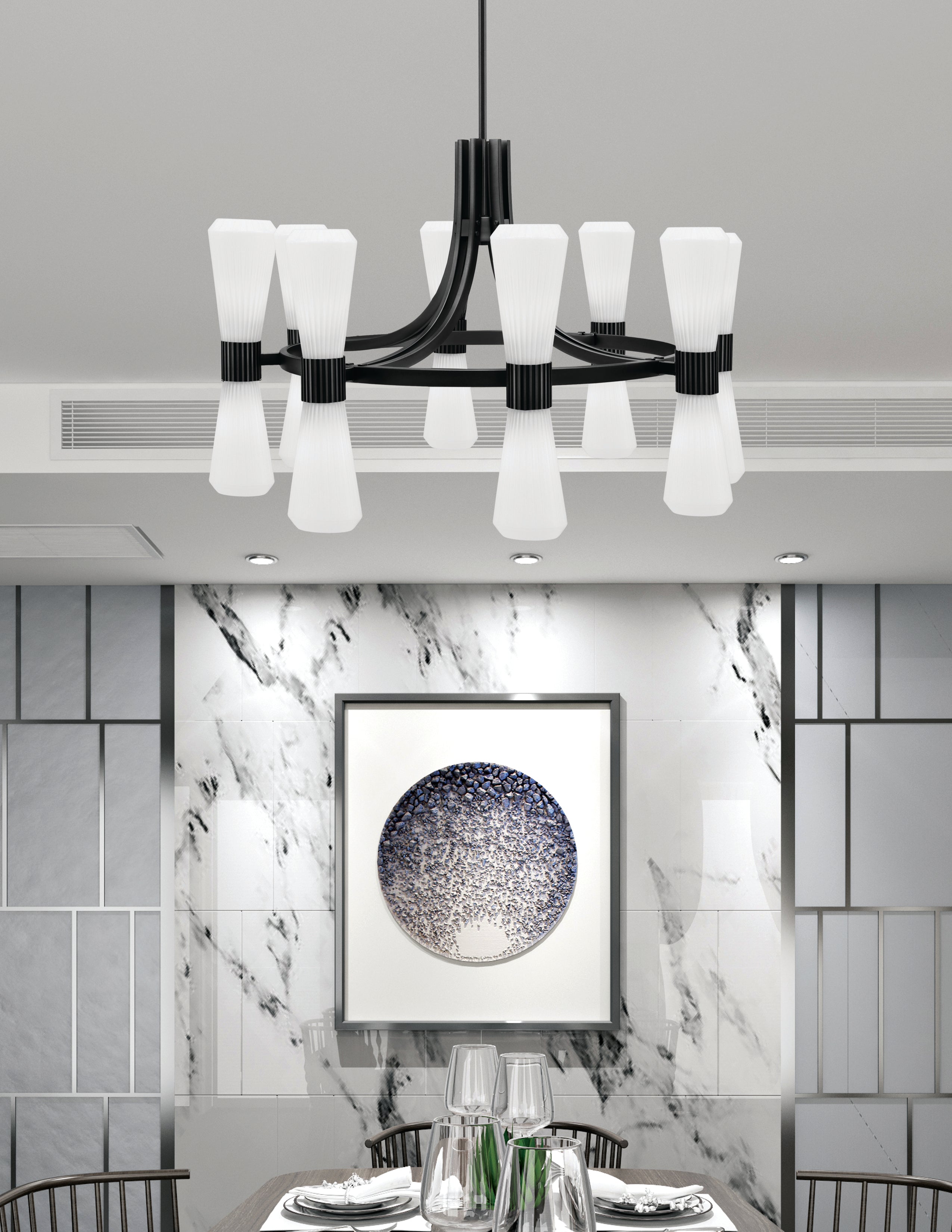 Everleigh 16 Light Chandelier in Matte Black with White Opal Shade