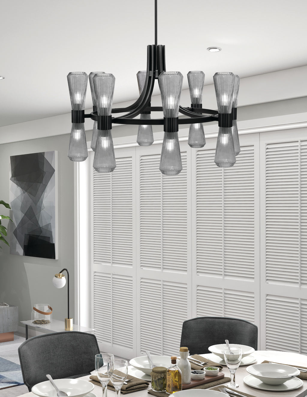 Everleigh 16 Light Chandelier in Matte Black with Smoke Ribbed Shade