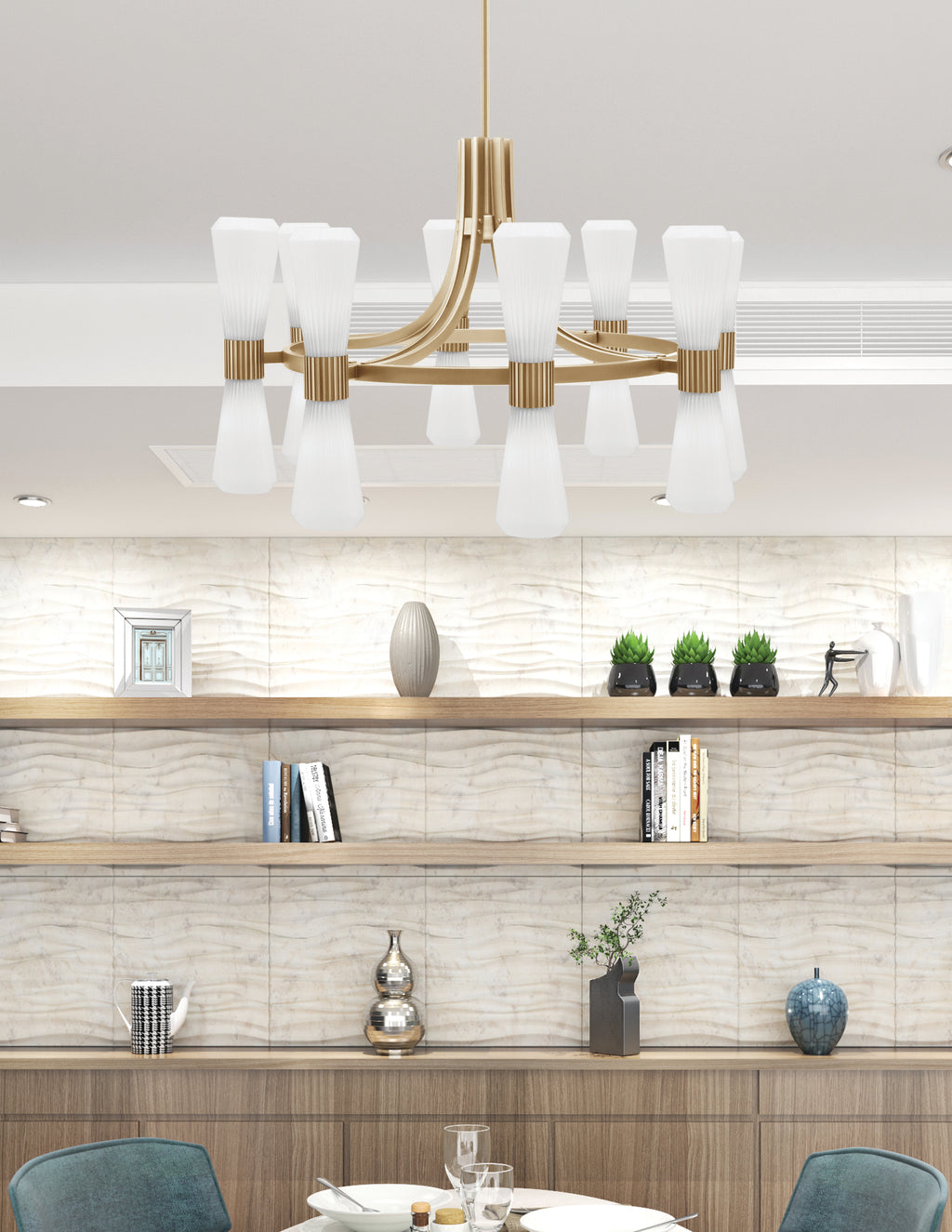 Everleigh 16 Light Chandelier in New Age Brass with White Opal Shade