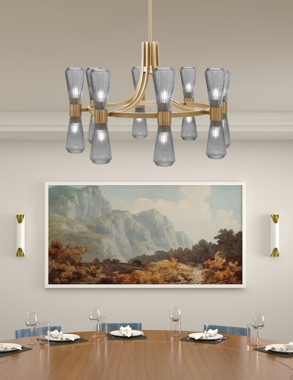 Everleigh 16 Light Chandelier in New Age Brass with Smoke Ribbed Shade