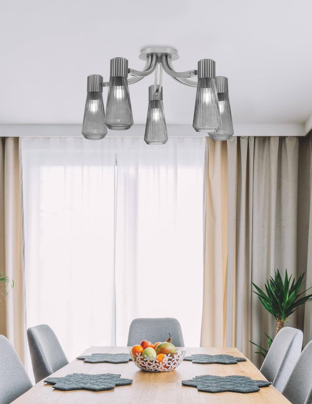 Everleigh Five Light Semi-Flush Mount in Graphite with Smoke Ribbed Shade