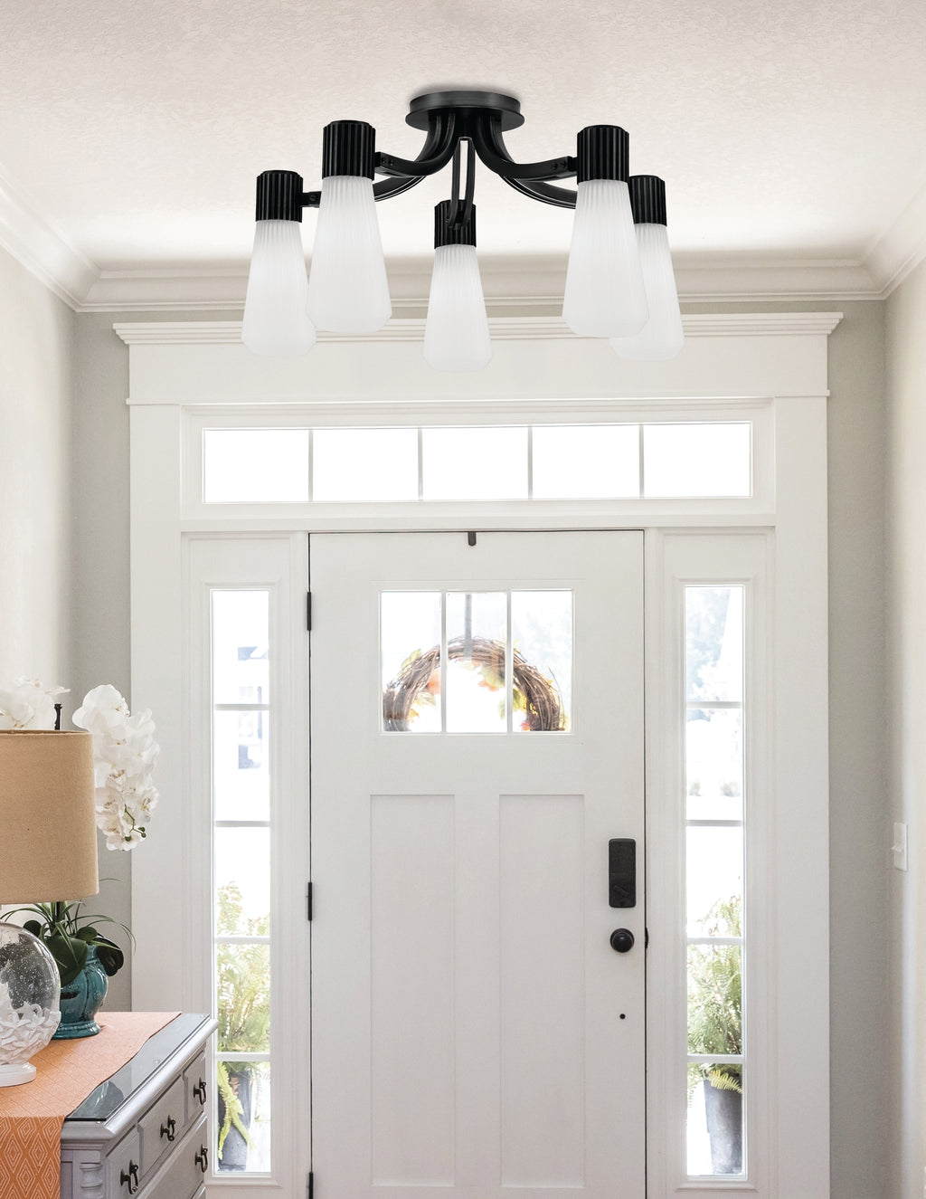 Everleigh Five Light Semi-Flush Mount in Matte Black with White Opal Shade