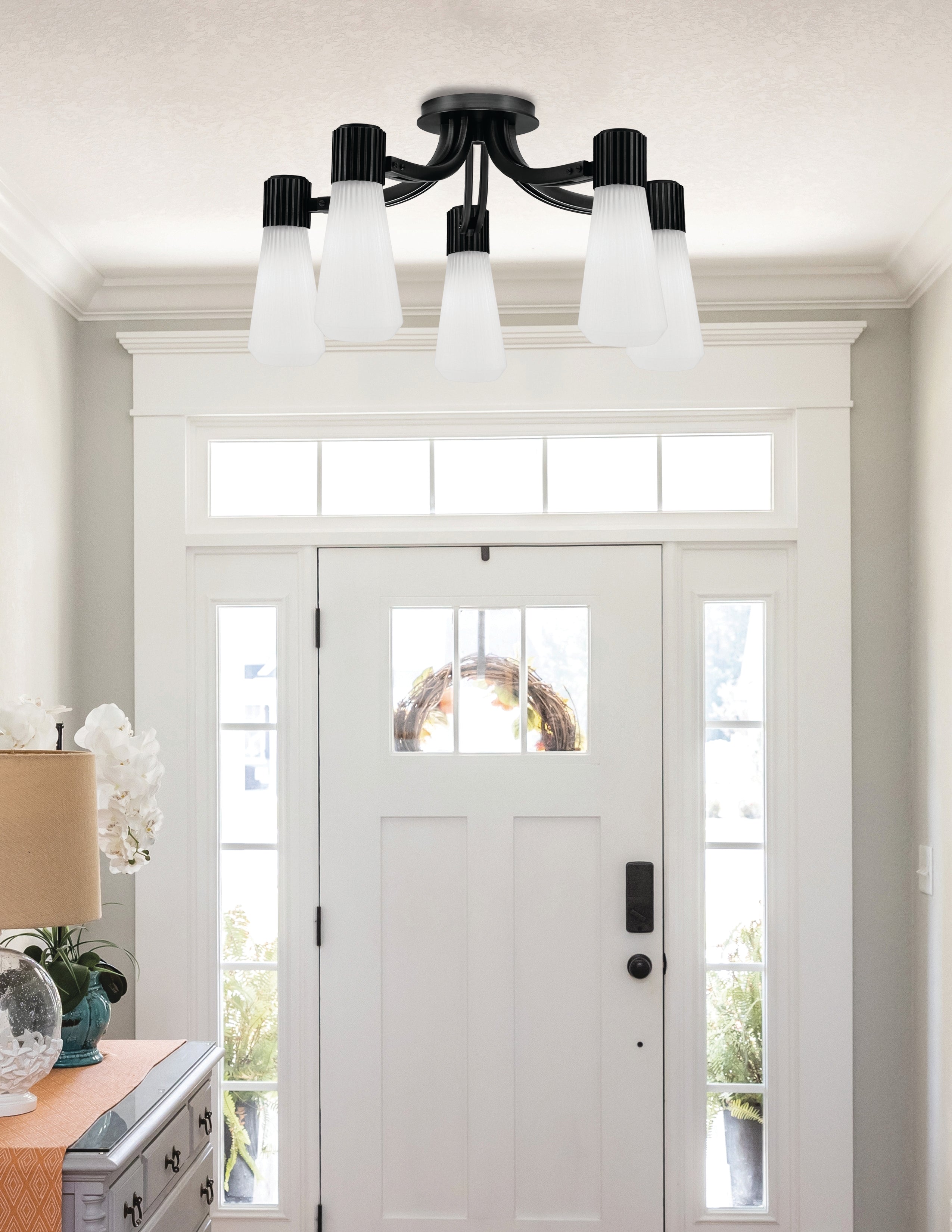 Everleigh Five Light Semi-Flush Mount in Matte Black with White Opal Shade