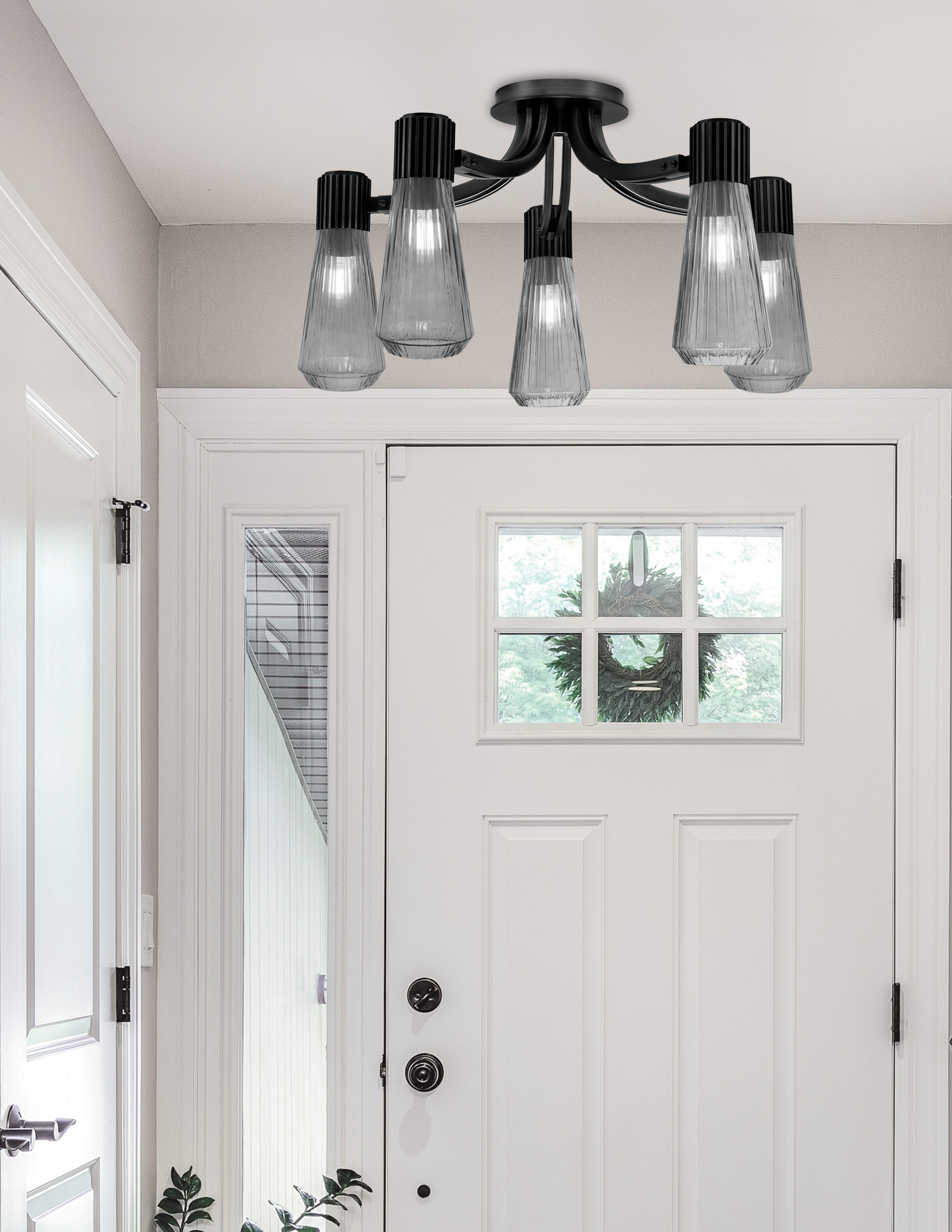 Everleigh Five Light Semi-Flush Mount in Matte Black with Smoke Ribbed Shade