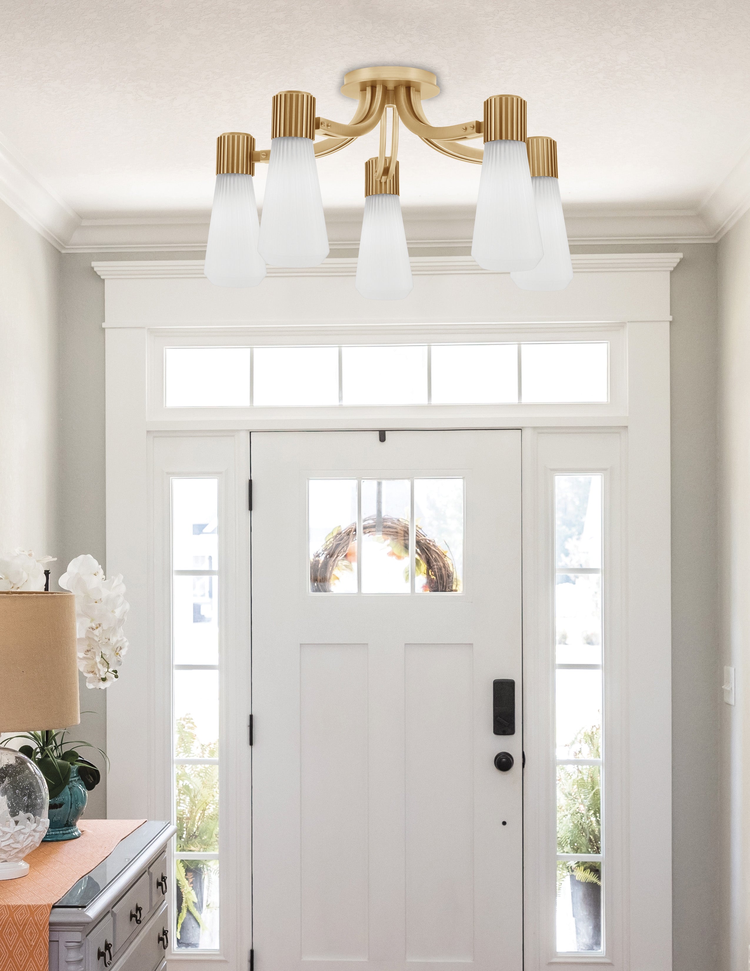Everleigh Five Light Semi-Flush Mount in New Age Brass with White Opal Shade