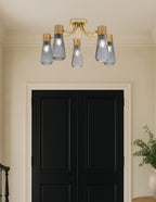 Everleigh Five Light Semi-Flush Mount in New Age Brass with Smoke Ribbed Shade