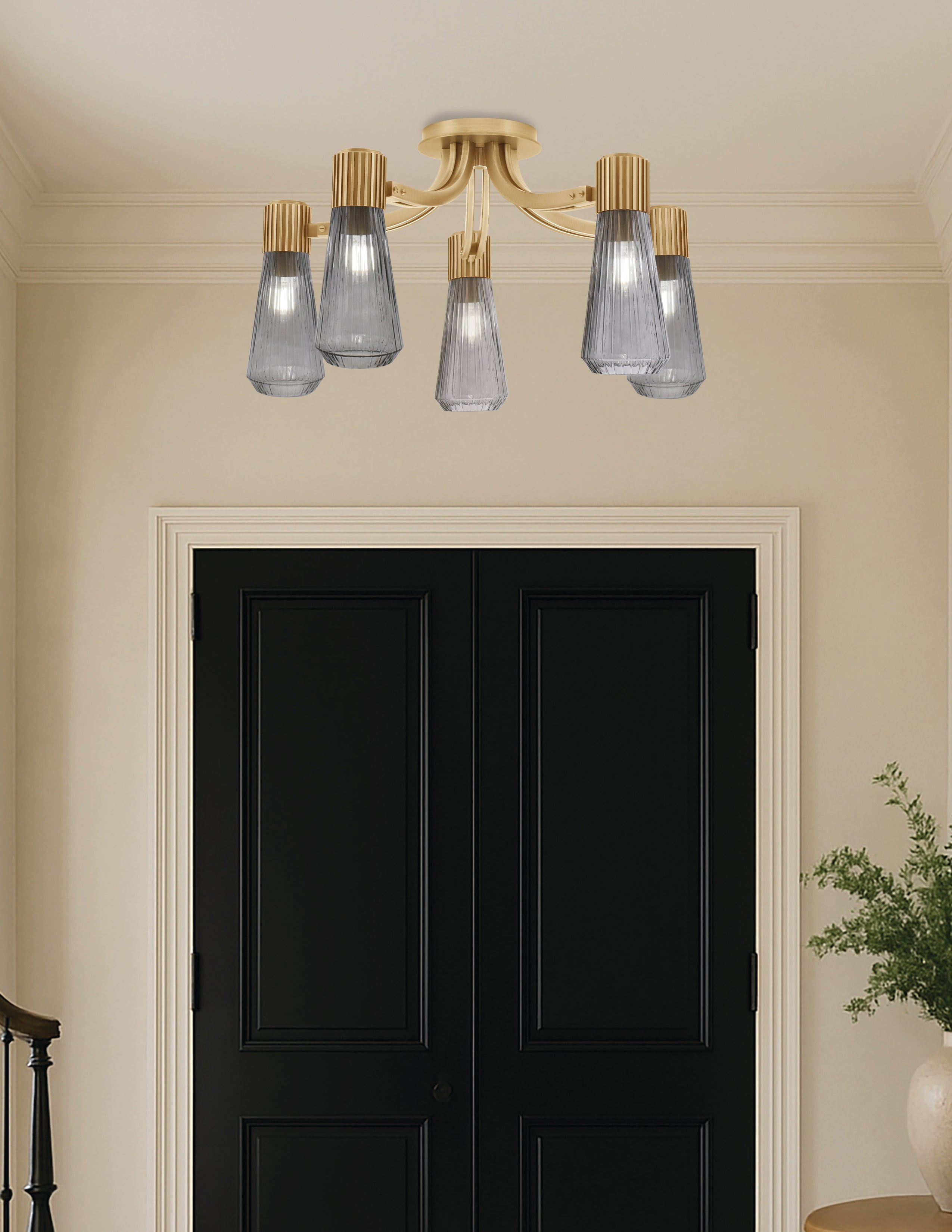 Everleigh Five Light Semi-Flush Mount in New Age Brass with Smoke Ribbed Shade
