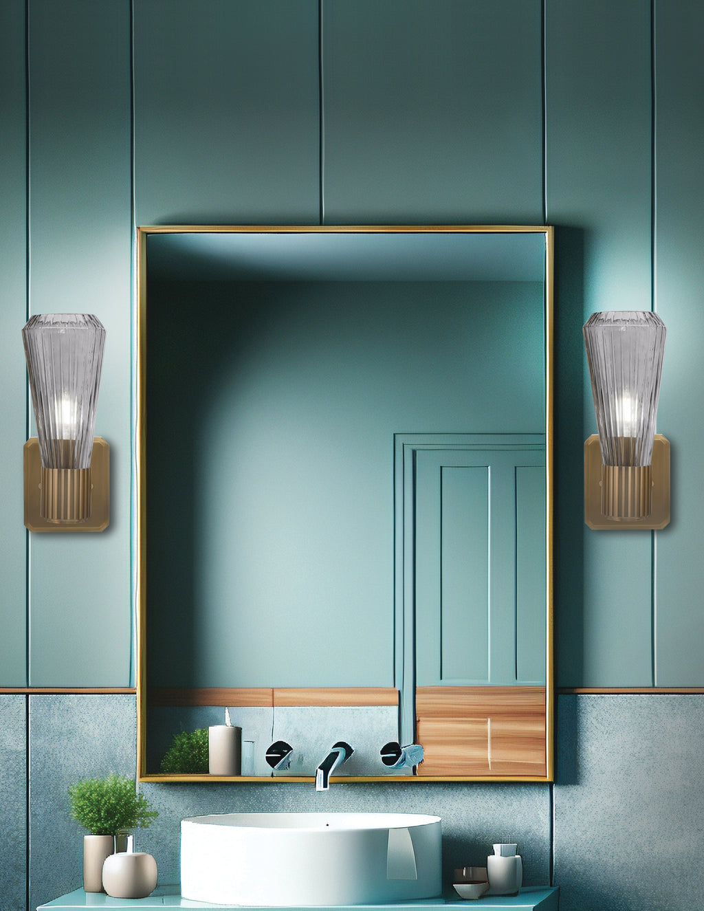 Everleigh One Light Wall Sconce in New Age Brass with Smoke Ribbed Shade