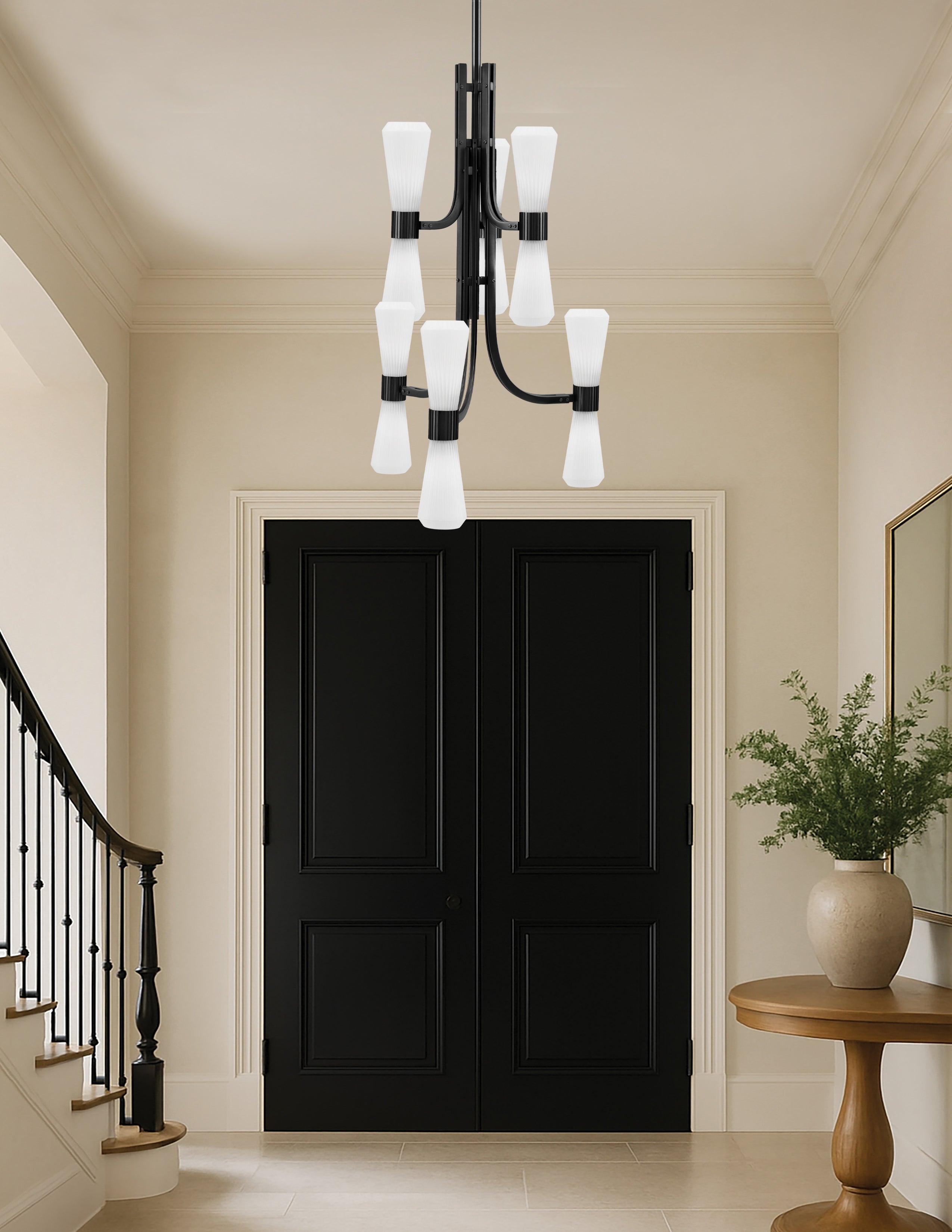 Everleigh 12 Light Chandelier in Matte Black with White Opal Shade