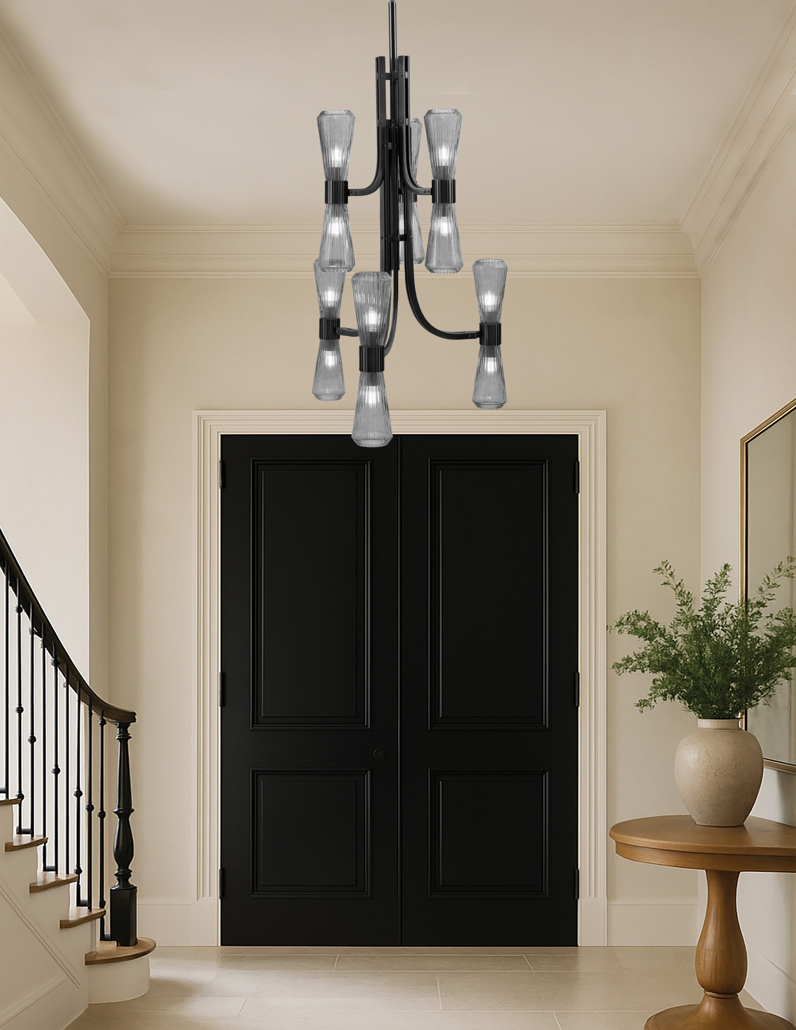 Everleigh 12 Light Chandelier in Matte Black with Smoke Ribbed Shade