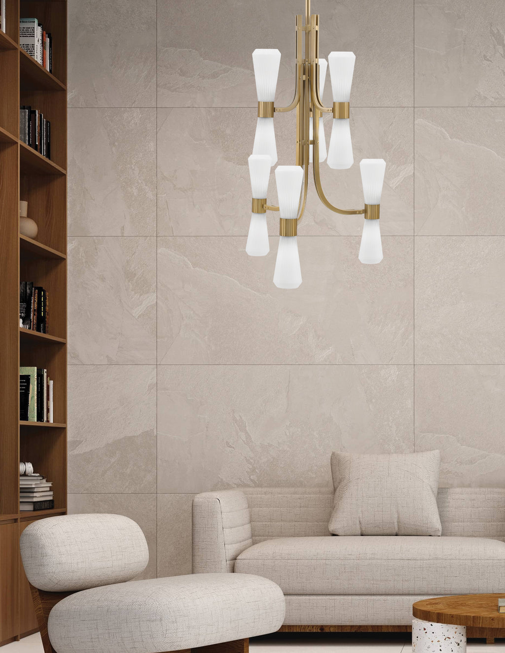 Everleigh 12 Light Chandelier in New Age Brass with White Opal Shade
