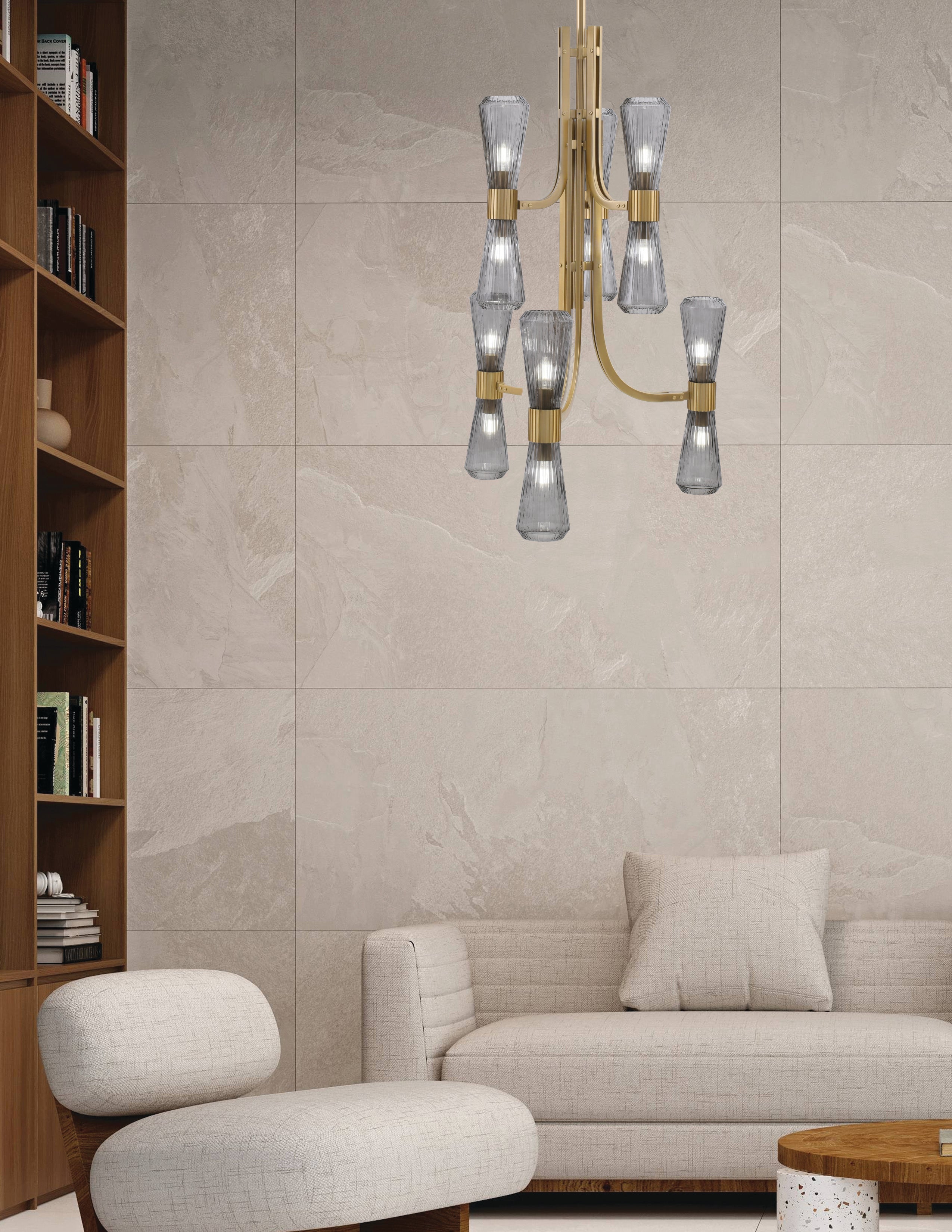 Everleigh 12 Light Chandelier in New Age Brass with Smoke Ribbed Shade