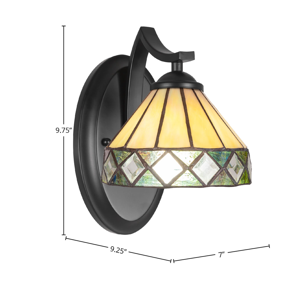 Zilo One Light Wall Sconce in Matte Black with 7" Diamond Peak Art Glass Shade