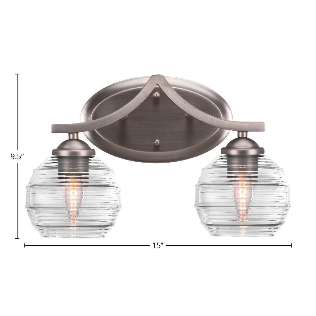 Zilo Two Light Bath Bar in Graphite with 6" Clear Ribbed Shade