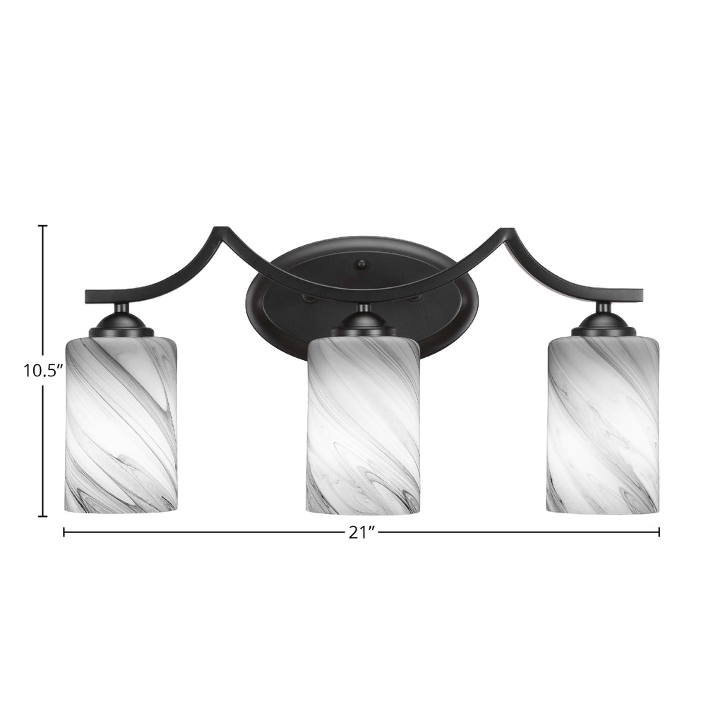 Zilo Three Light Bath Bar in Matte Black with 4" Onyx Swirl Shade