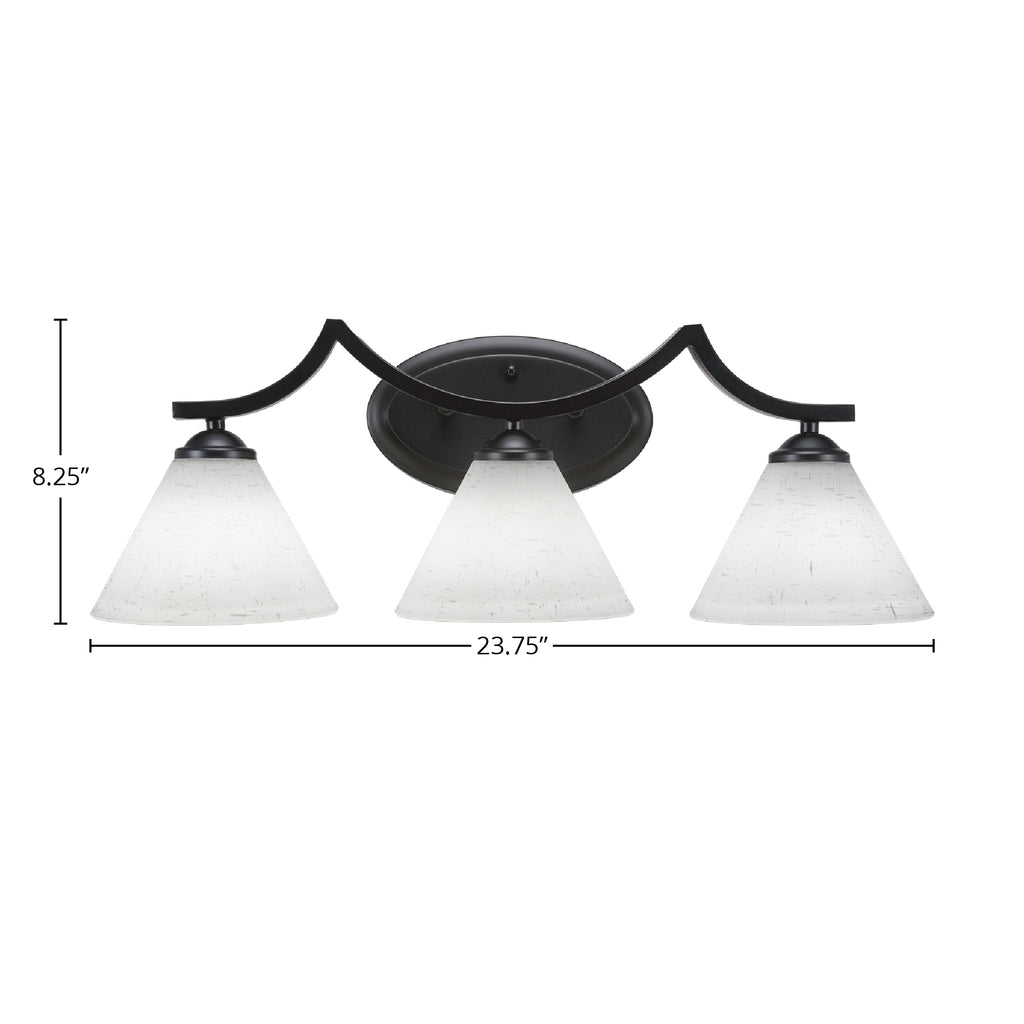 Zilo Three Light Bath Bar in Matte Black with 7" White Muslin Shade