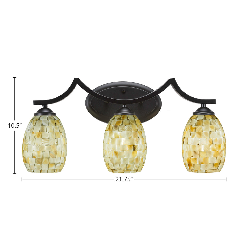 Zilo Three Light Bath Bar in Matte Black with 5" Ivory Glaze Seashell Shade