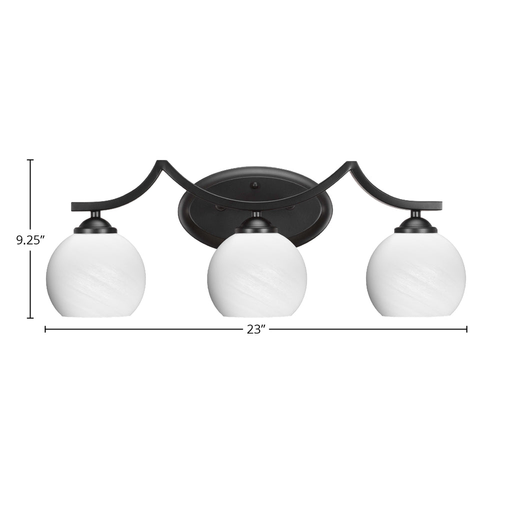 Zilo Three Light Bath Bar in Matte Black with 5.75" White Marble Shade