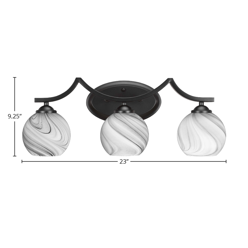 Zilo Three Light Bath Bar in Matte Black with 5.75" Onyx Swirl Shade