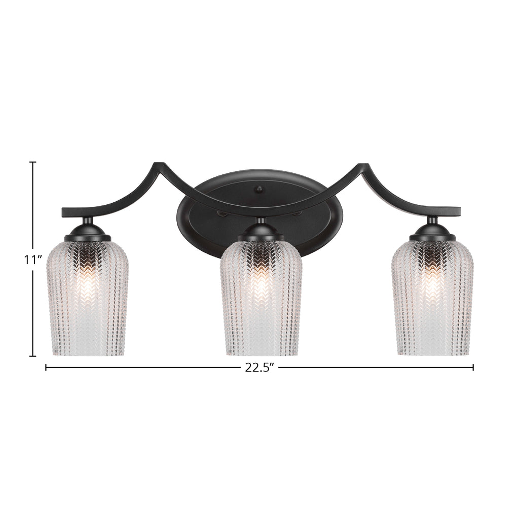 Zilo Three Light Bath Bar in Matte Black with 5" Clear Textured Shade