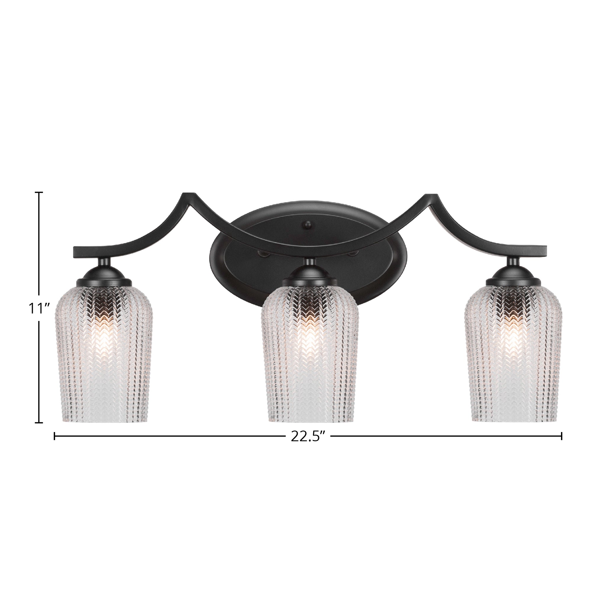 Zilo Three Light Bath Bar in Matte Black with 5" Clear Textured Shade