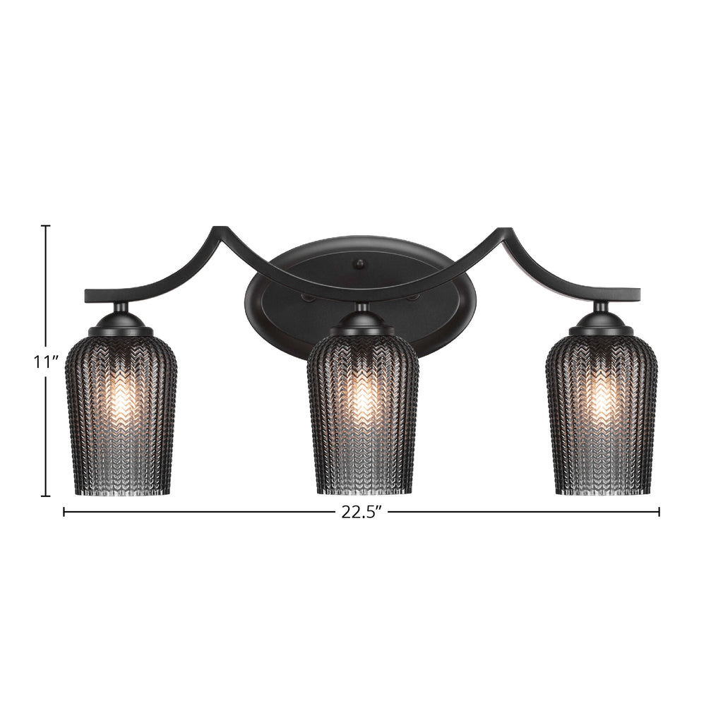 Zilo Three Light Bath Bar in Matte Black with 5" Smoke Textured Shade