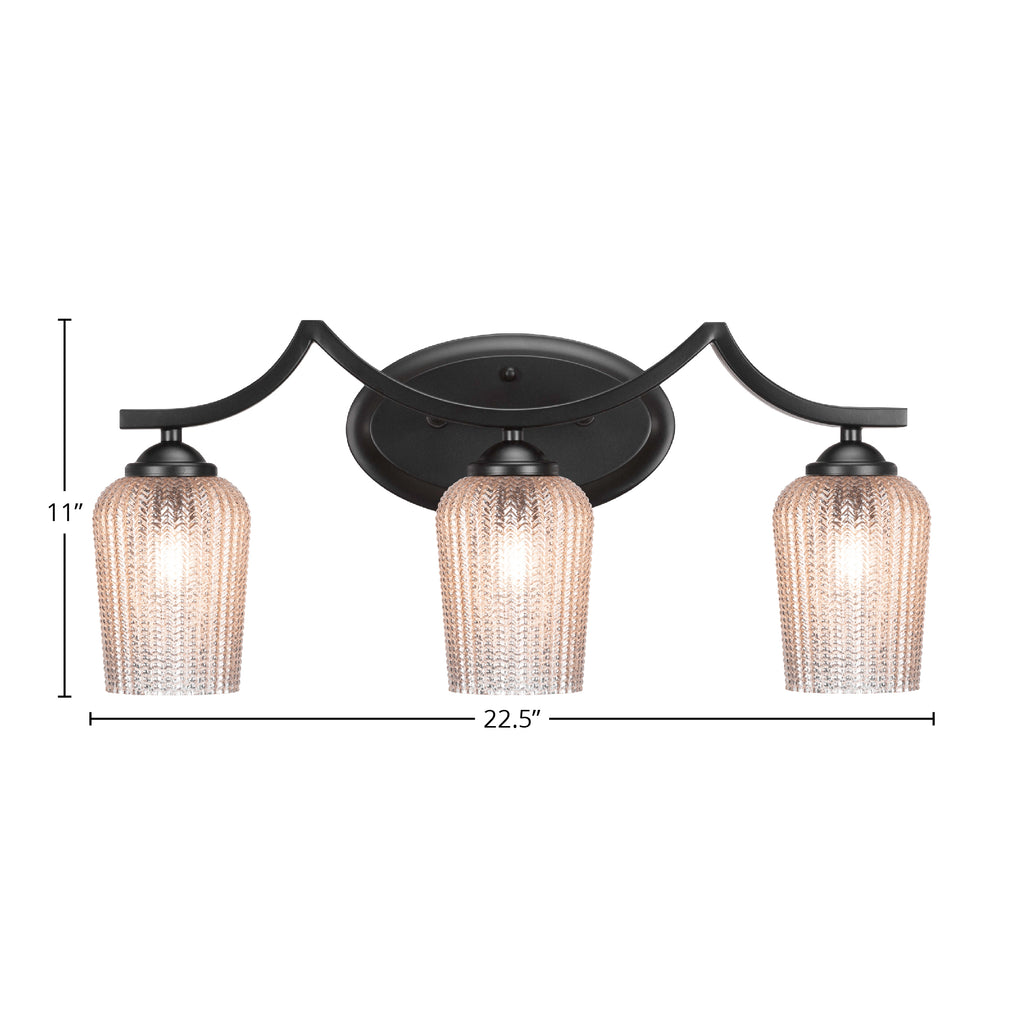 Zilo Three Light Bath Bar in Matte Black with 5" Silver Textured Shade