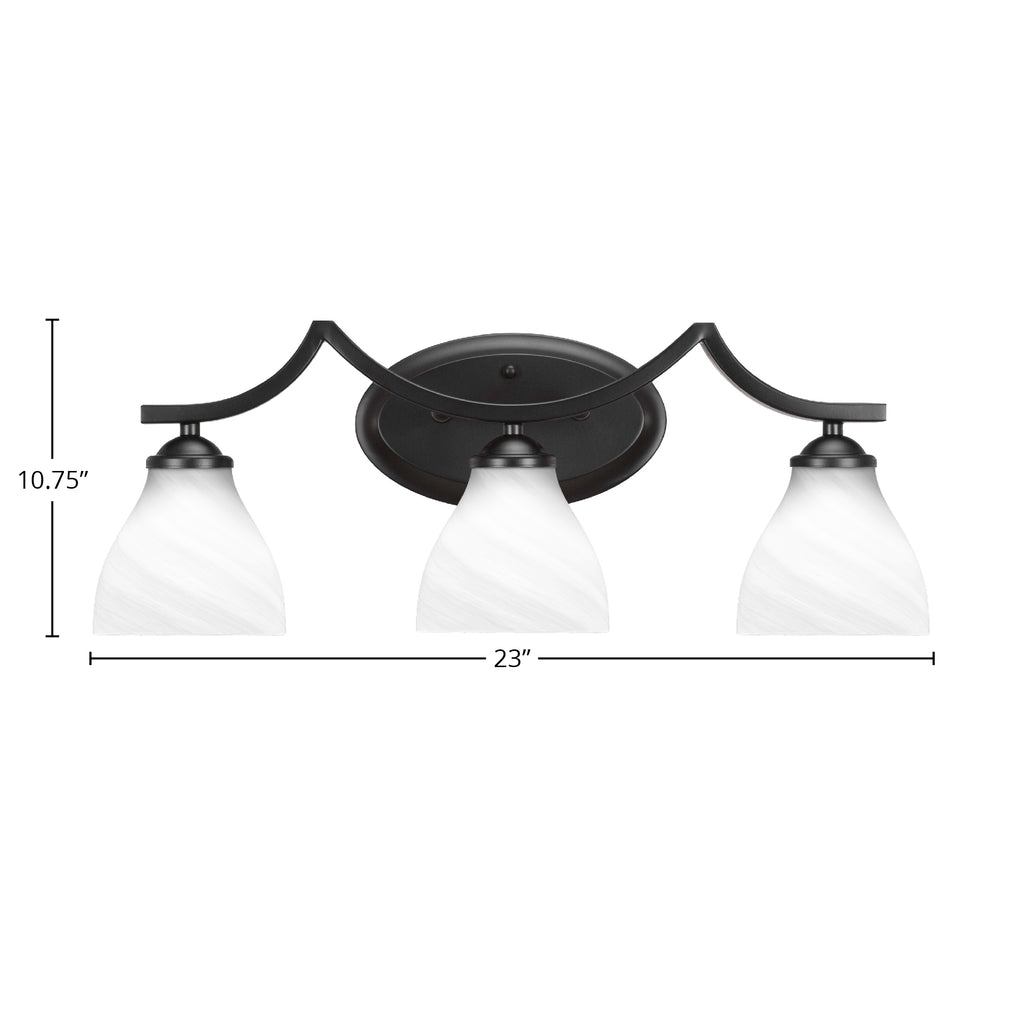 Zilo Three Light Bath Bar in Matte Black with 6.25" White Marble Shade