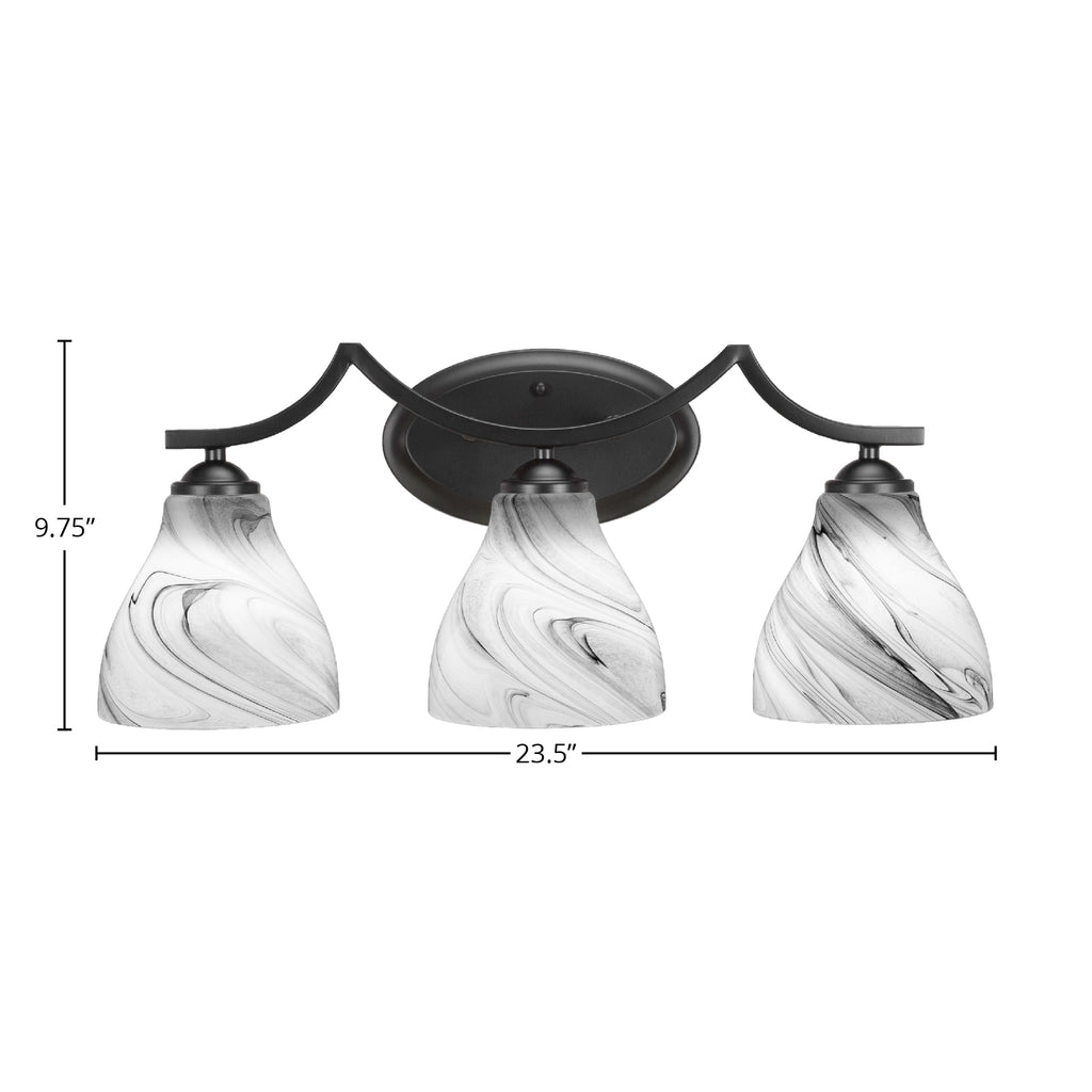 Zilo Three Light Bath Bar in Matte Black with 6.25" Onyx Swirl Shade