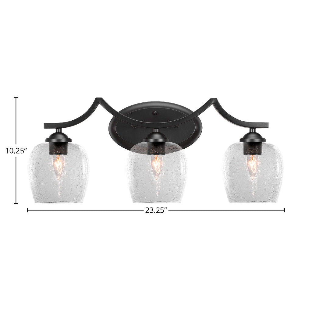 Zilo Three Light Bath Bar in Matte Black with 6" Clear Bubble Shade